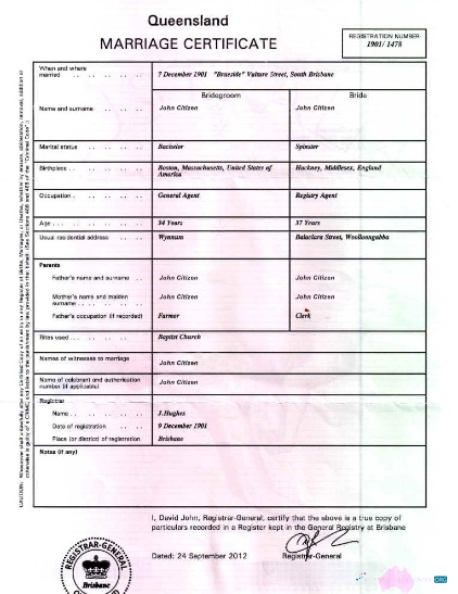 Download Australia Brisbane general registry marriage certificate Photoshop template